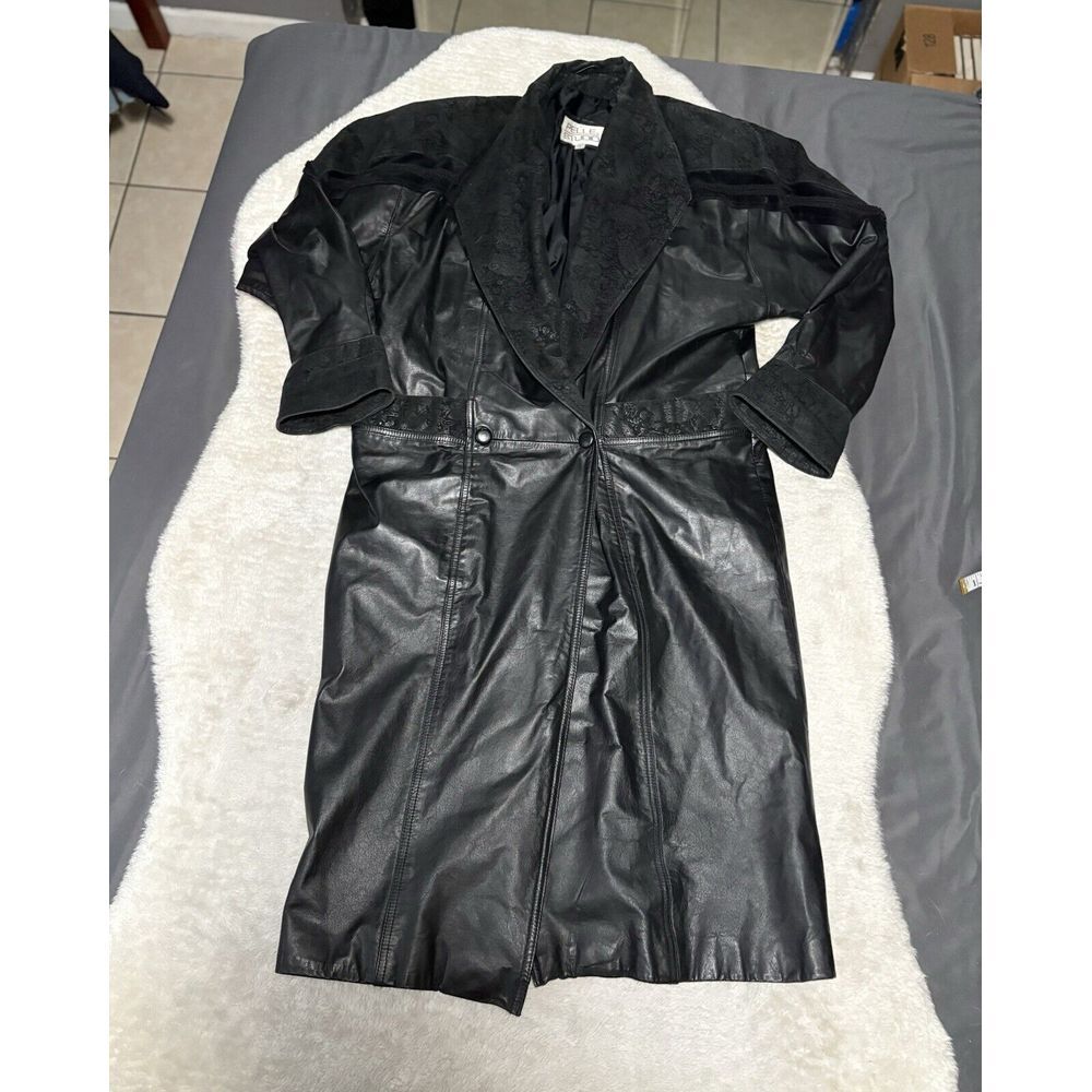 Vintage Pelle Studio Y2K Long‎ Leather Black Trench Cost Snap On Jacket Paisley